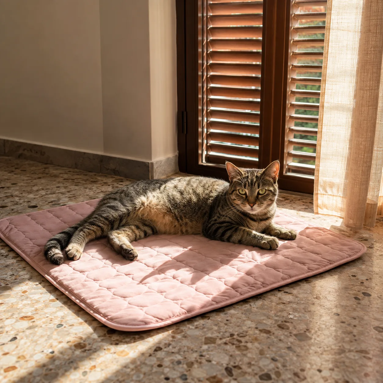 Schéma comparant un chien haletant sous la chaleur et le même chien allongé sur un tapis rafraîchissant