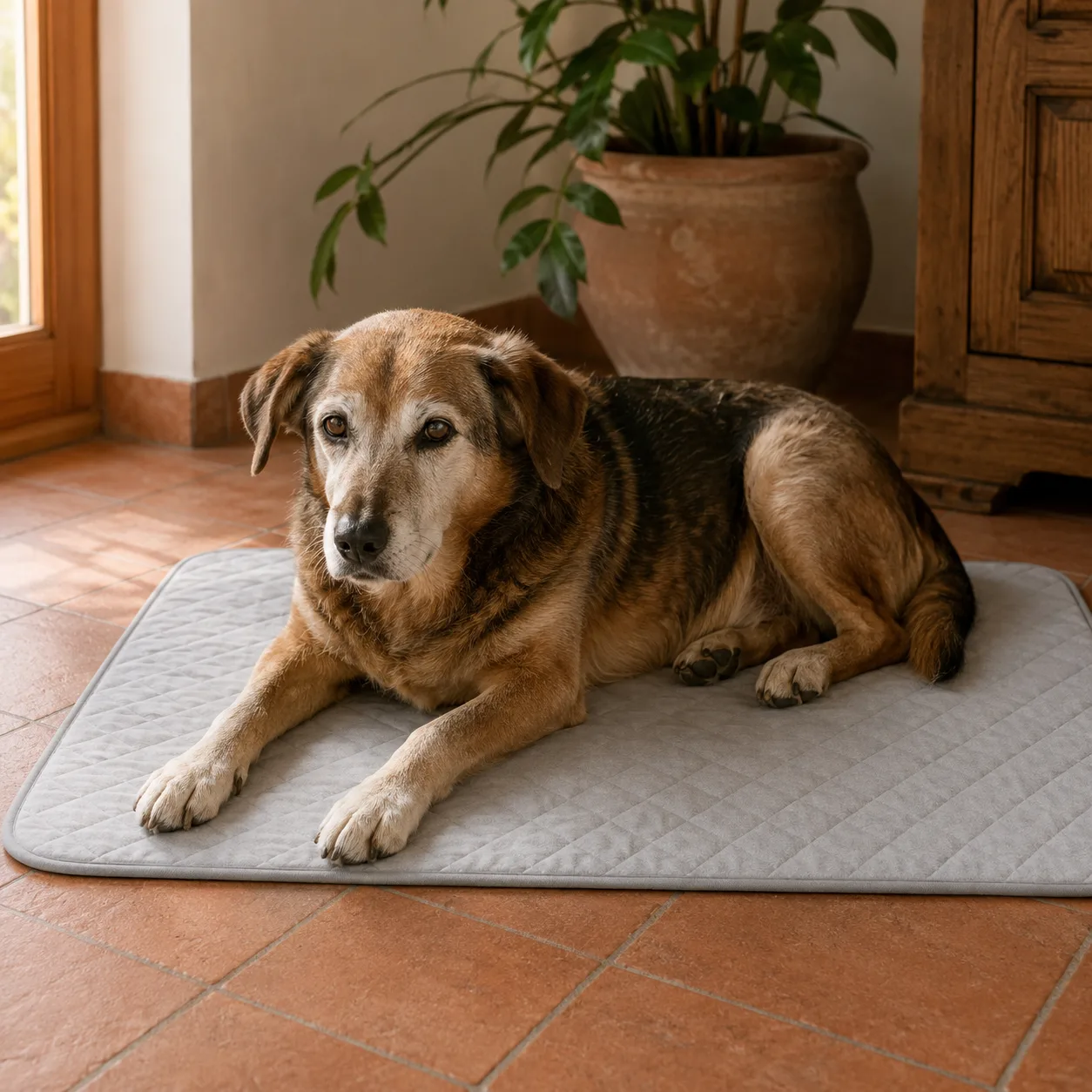 Chien âgé au museau grisonnant allongé sur un tapis rafraîchissant gris, posé sur des tomettes