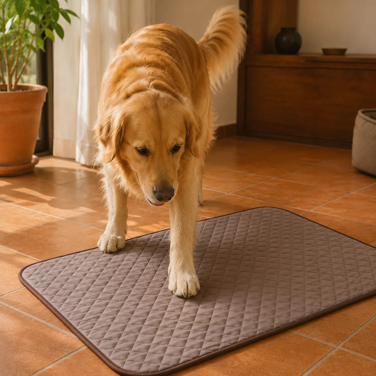 Golden retriever debout posant ses pattes avant sur un tapis rafraîchissant Frimouf taupe, sur des tomettes baignées de soleil