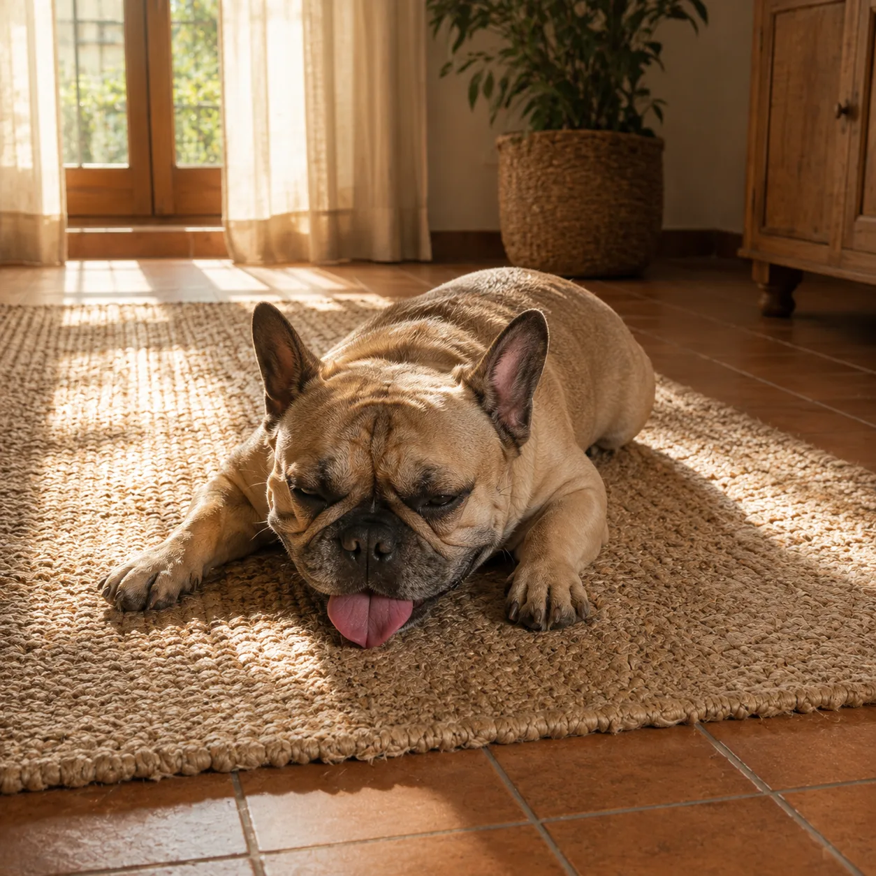 Bouledogue français fauve couché langue sortie sur un tapis de jute, dans une pièce carrelée