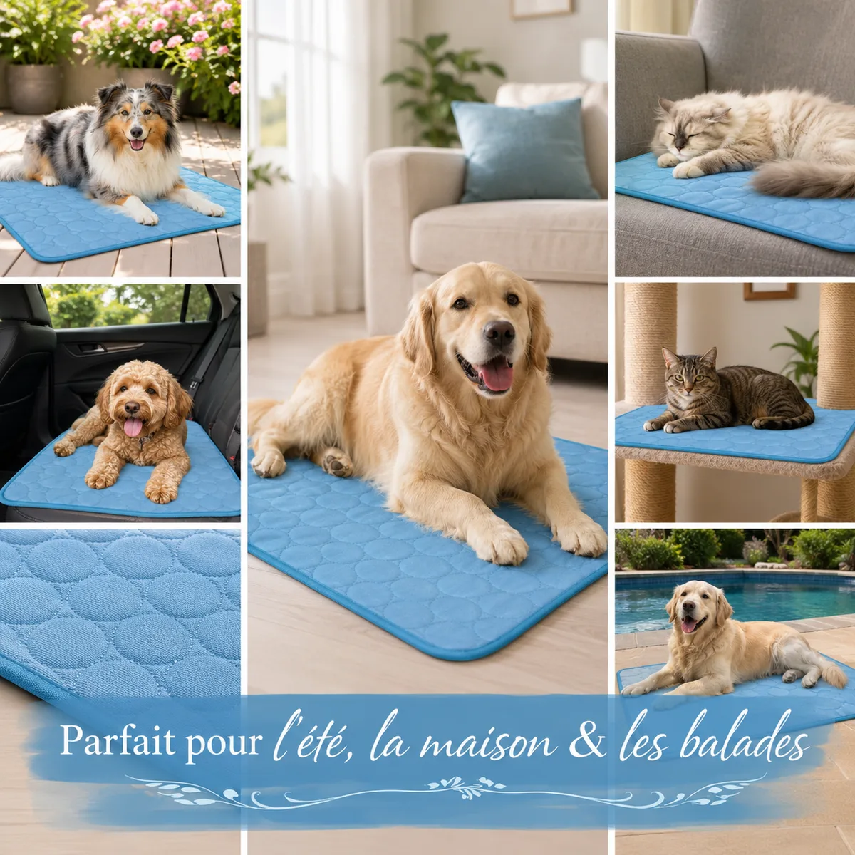 Collage de six situations d usage : chiens et chats installes sur le tapis rafraichissant bleu, au sol du salon, sur une banquette de voiture, sur un canape et au bord d une piscine