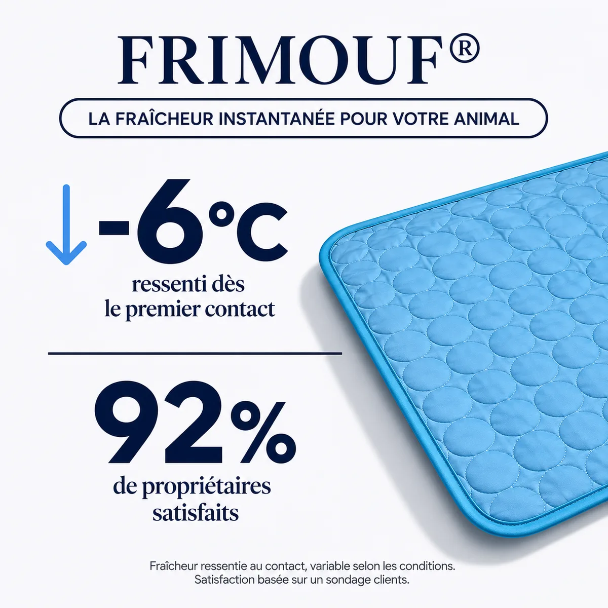 Visuel de marque Frimouf sur fond clair : le nom de la marque et deux repères chiffrés à gauche, le coin d'un tapis rafraîchissant bleu matelassé photographié en gros plan à droite