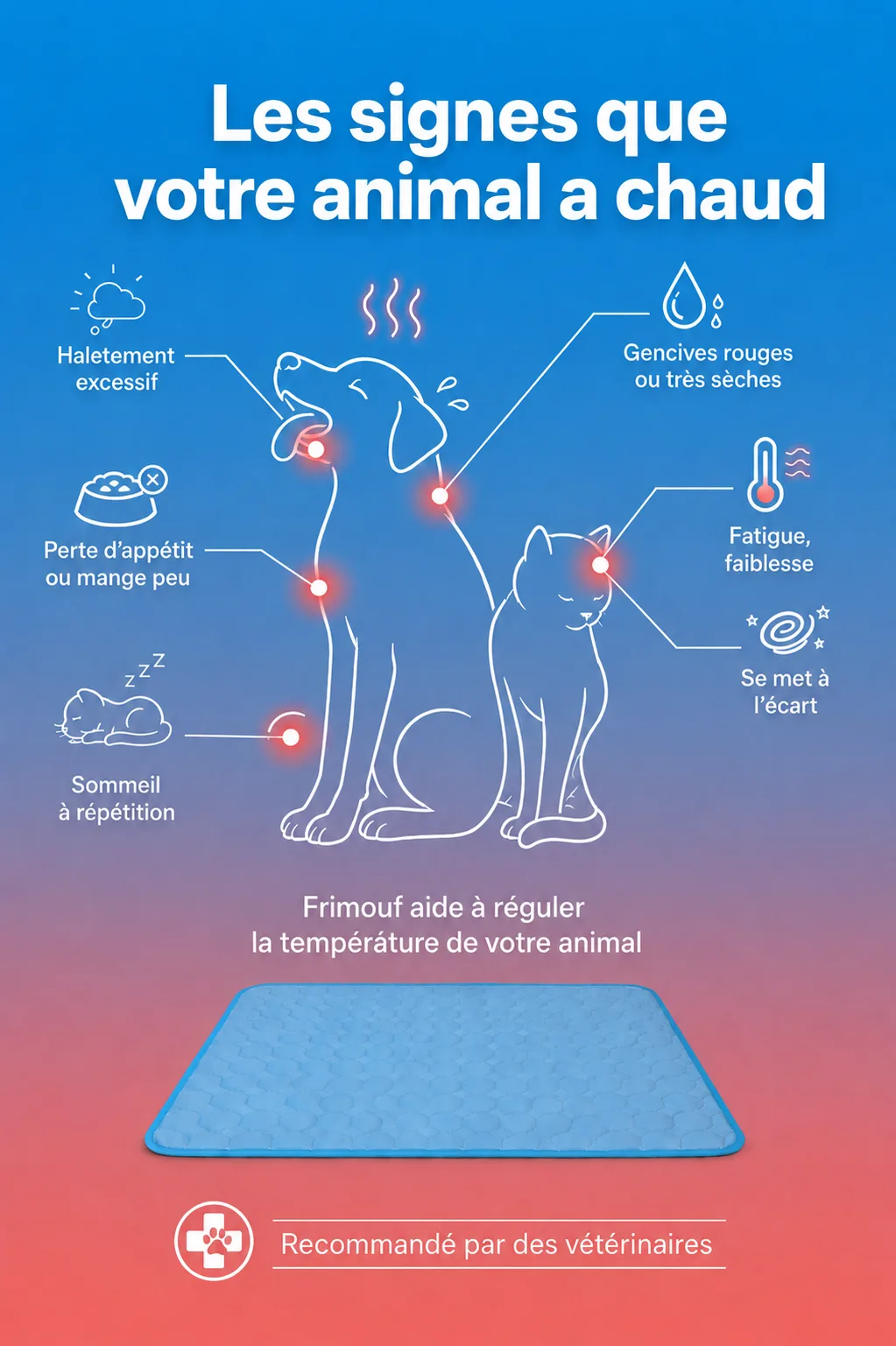Infographie sur fond dégradé bleu et rouge : silhouettes dessinées d'un chien et d'un chat, points rouges reliés par des traits à des pictogrammes légendés, et un tapis rafraîchissant bleu représenté en bas
