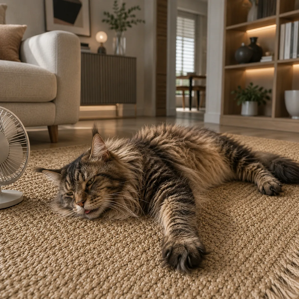 Chat à poil long affalé de tout son long sur un tapis en fibre naturelle, devant un petit ventilateur posé au sol dans un salon