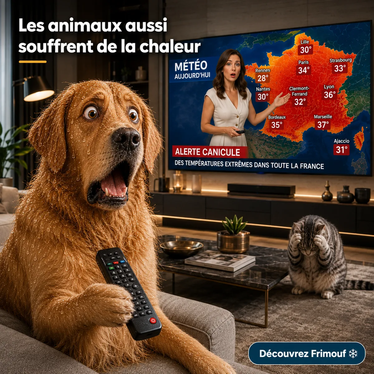 Golden retriever au poil trempé, télécommande entre les pattes, installé dans un salon devant une télévision qui diffuse un bulletin météo avec une carte de France en rouge, tandis qu'un chat tigré se cache les yeux au sol