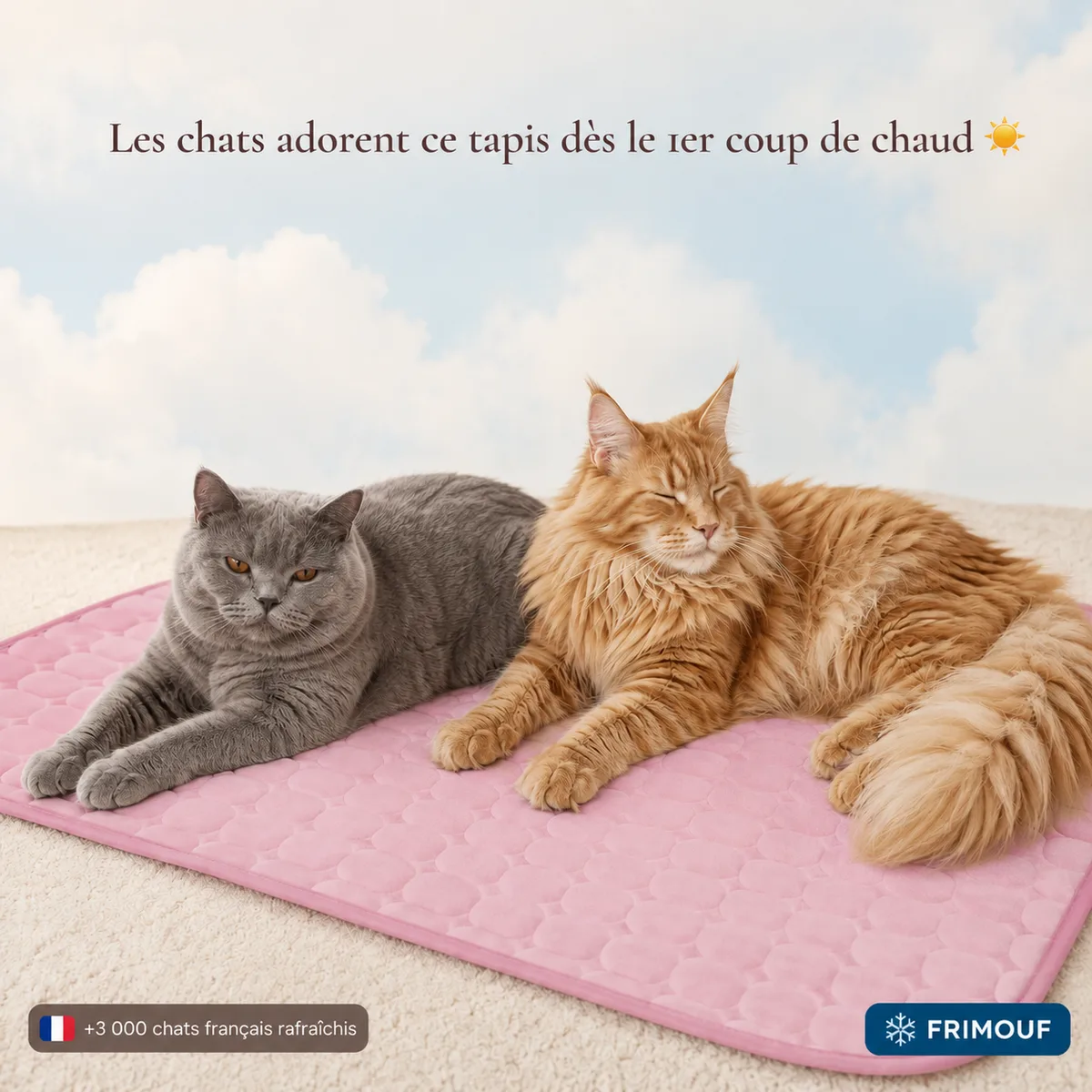 Un chat gris à poil court et un maine coon roux allongés côte à côte sur un tapis rafraîchissant rose