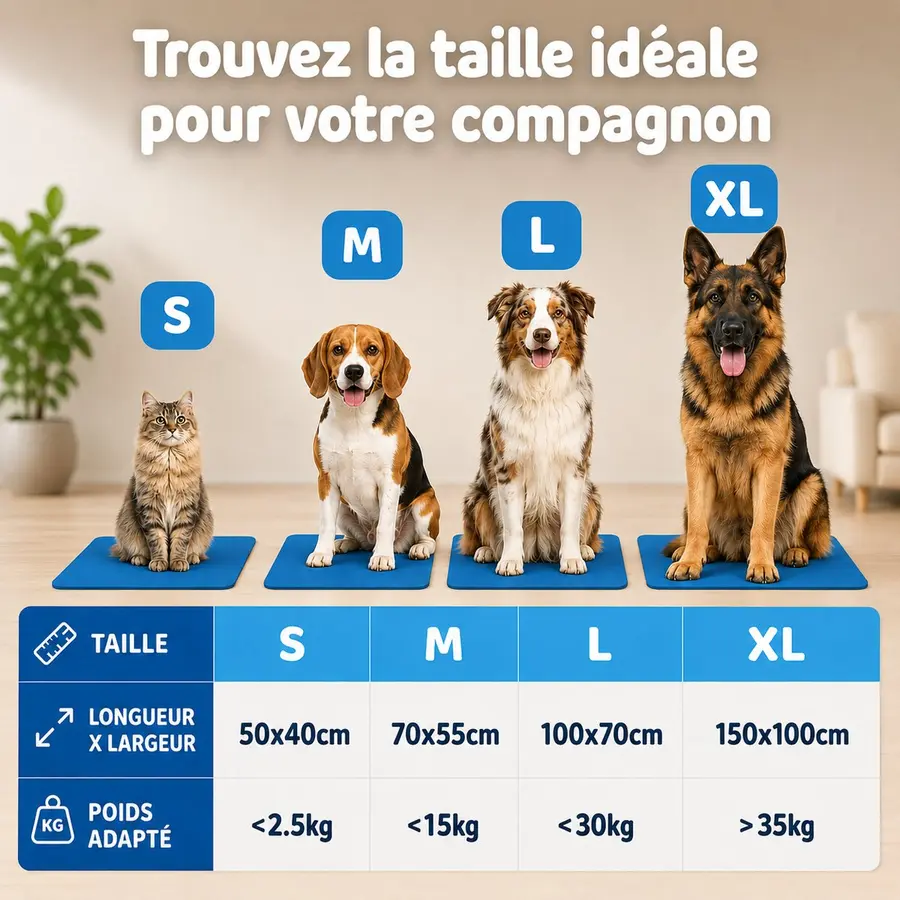 Infographie du guide des tailles Frimouf : S, M, L et XL avec le poids d'animal correspondant