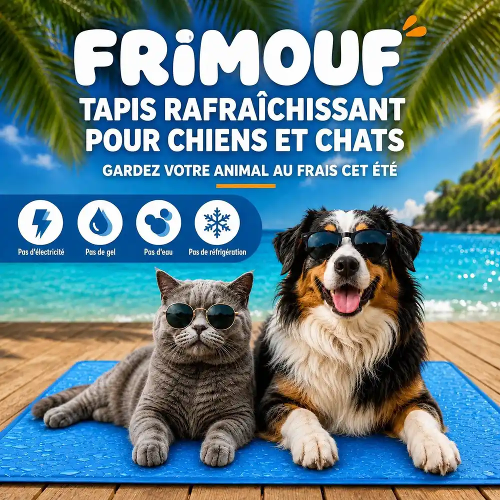 Tapis rafraîchissant Frimouf installé sur le sable, avec un chien allongé dessus à l'ombre