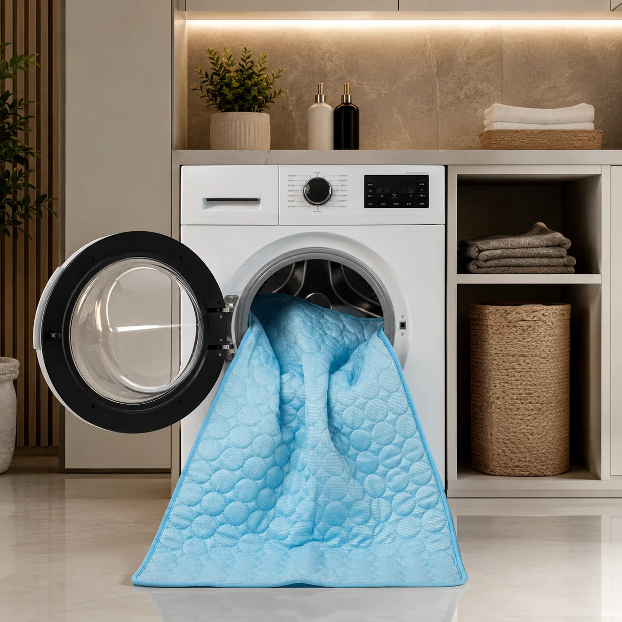 Illustration d'un tapis rafraîchissant bleu sortant d'un lave-linge