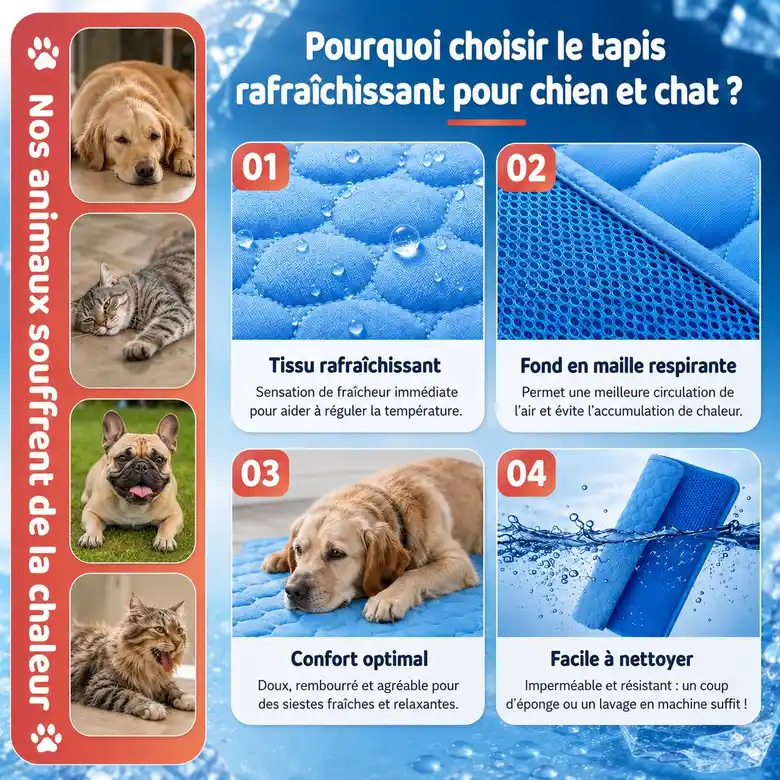 Schéma du mécanisme du tapis rafraîchissant Frimouf : soie glacée, trois couches, maille respirante, fraîcheur auto-régénérante