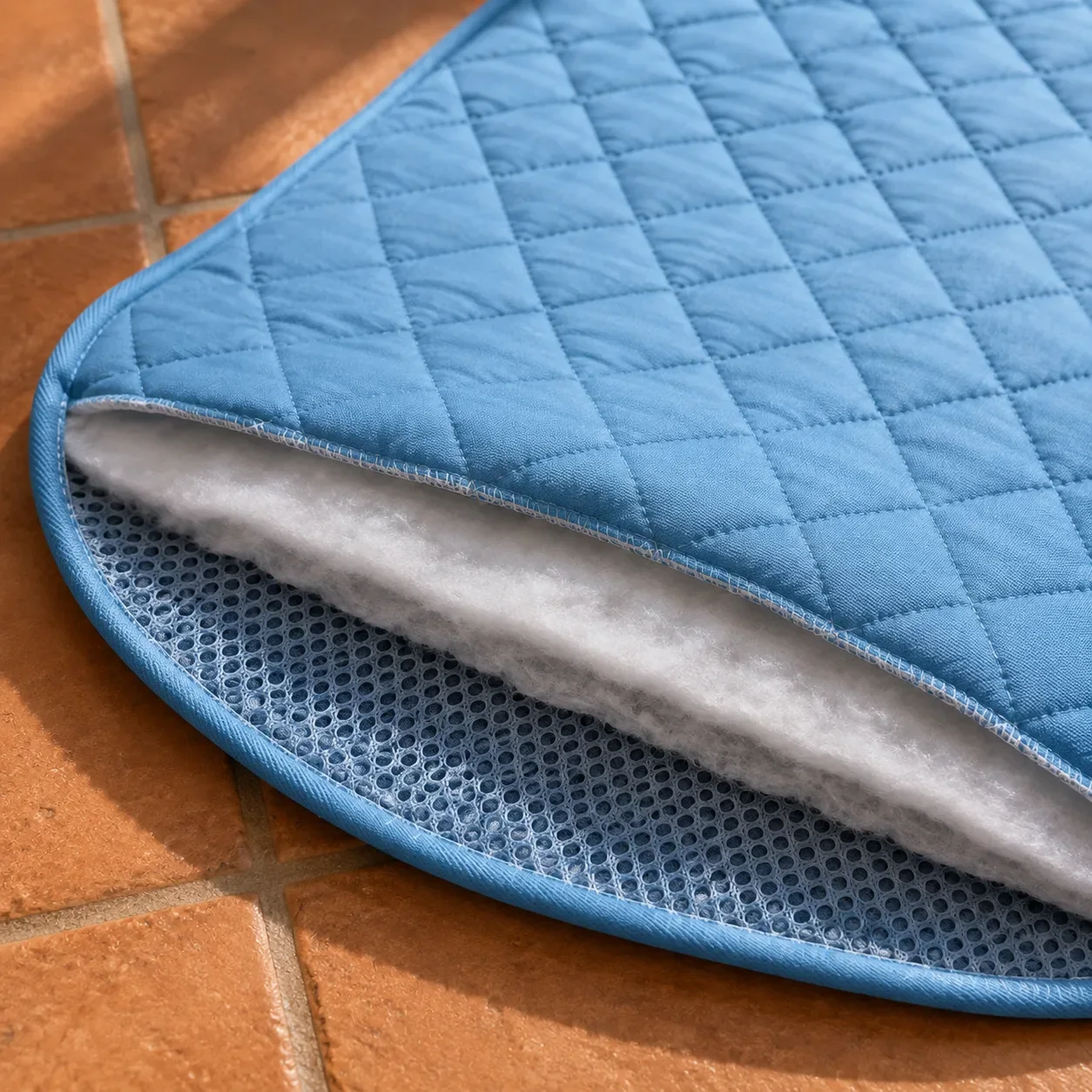 Coin du tapis rafraîchissant Frimouf bleu soulevé : la soie glacée matelassée, le garnissage blanc et la maille respirante du dessous