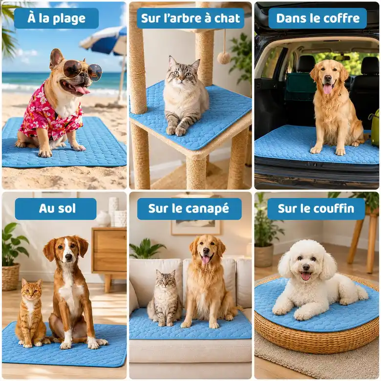 Six scènes d'usage du tapis rafraîchissant Frimouf : panier, canapé, voiture, arbre à chat, cage et terrasse